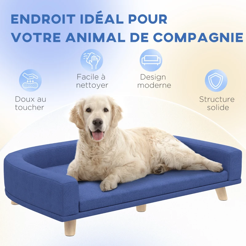 PawHut Canapé pour chien grand lit surélevé pour chien coussin lavable cadre en bois tissu polyester 98 x 67 x 25 cm bleu