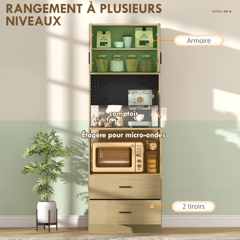 HOMCOM Meuble micro-ondes, buffet, 2 tiroirs, 2 portes, plan de travail, étagère réglable, panneau perforé, 4 crochets, naturel