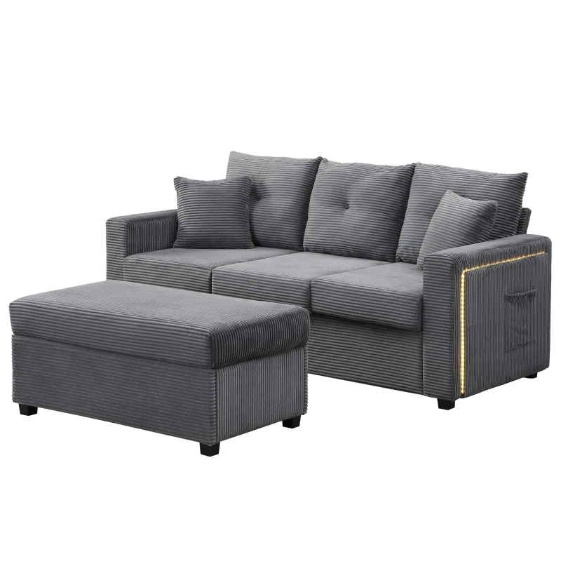 Divano a L con LED, rivestimento in velluto a coste, ottomana, 184x84,5x85,5 cm, Grigio