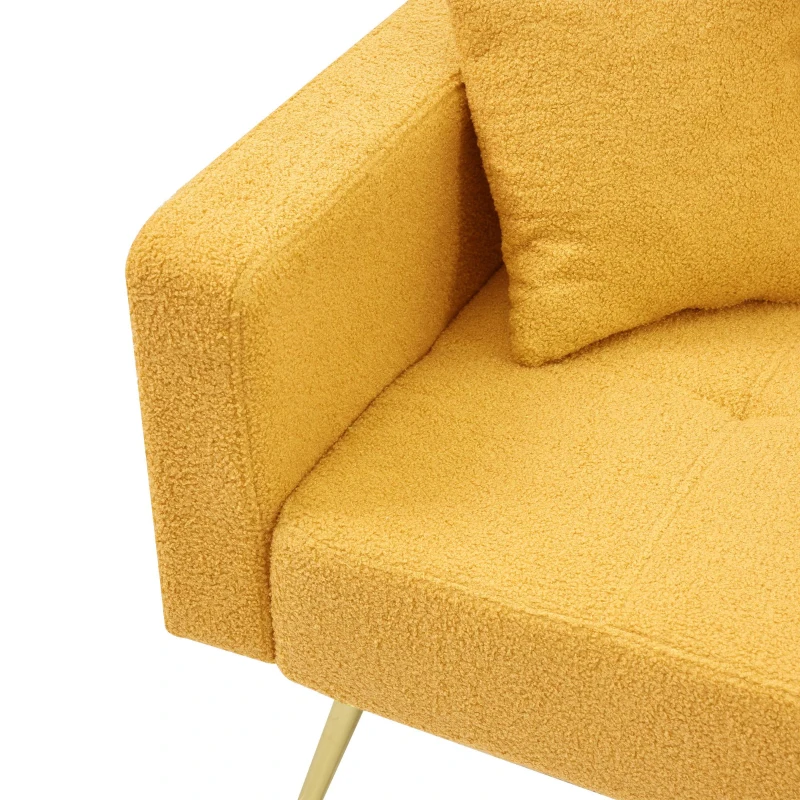Divano letto con funzione letto, schienale regolabile, gambe dorate, rivestimento in sherpa, 175x64x72 cm, Giallo