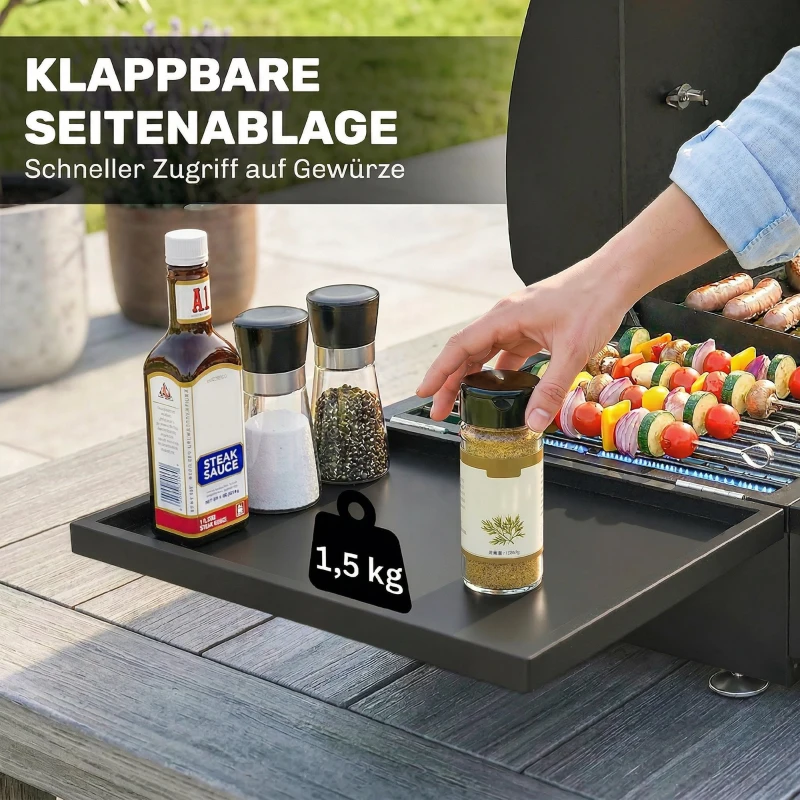 Outsunny Gasgrill 7,5 KW Tragbarer Tischgrill mit 3 Brenner Seitentisch Bratenplatte Emaille-Grillroste Fettauffangschale