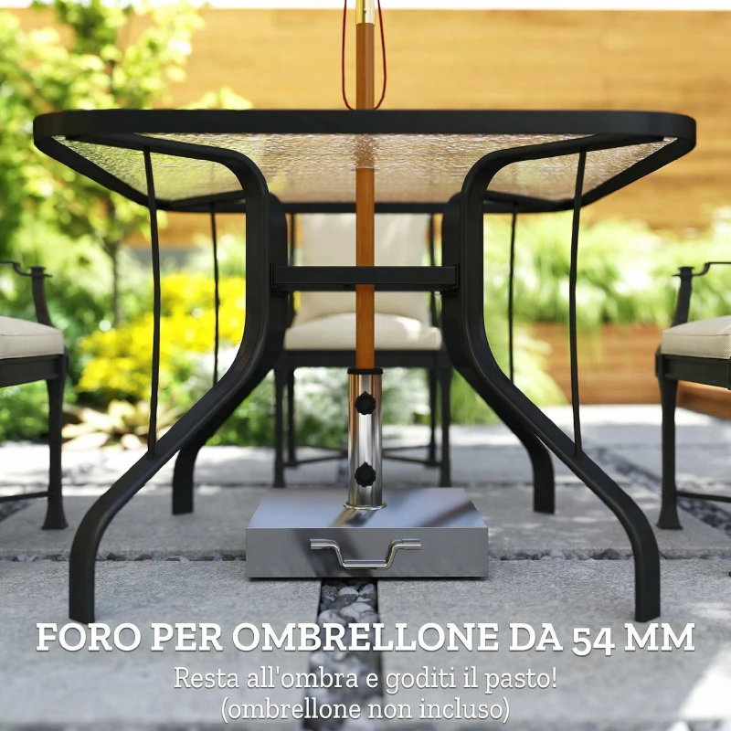 Outsunny Tavolo da Giardino Quadrato a 4 Posti con Piano in Vetro e Foro per Ombrellone Ø43 mm, Nero