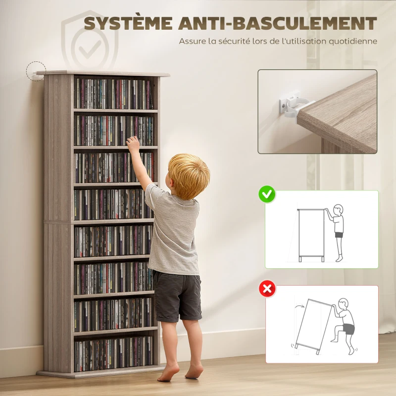 HOMCOM Rangements pour CD et DVD avec 8 compartiments et 6 étagères réglables, capacité max. 360 CD/185 DVD et Blu-ray, naturel