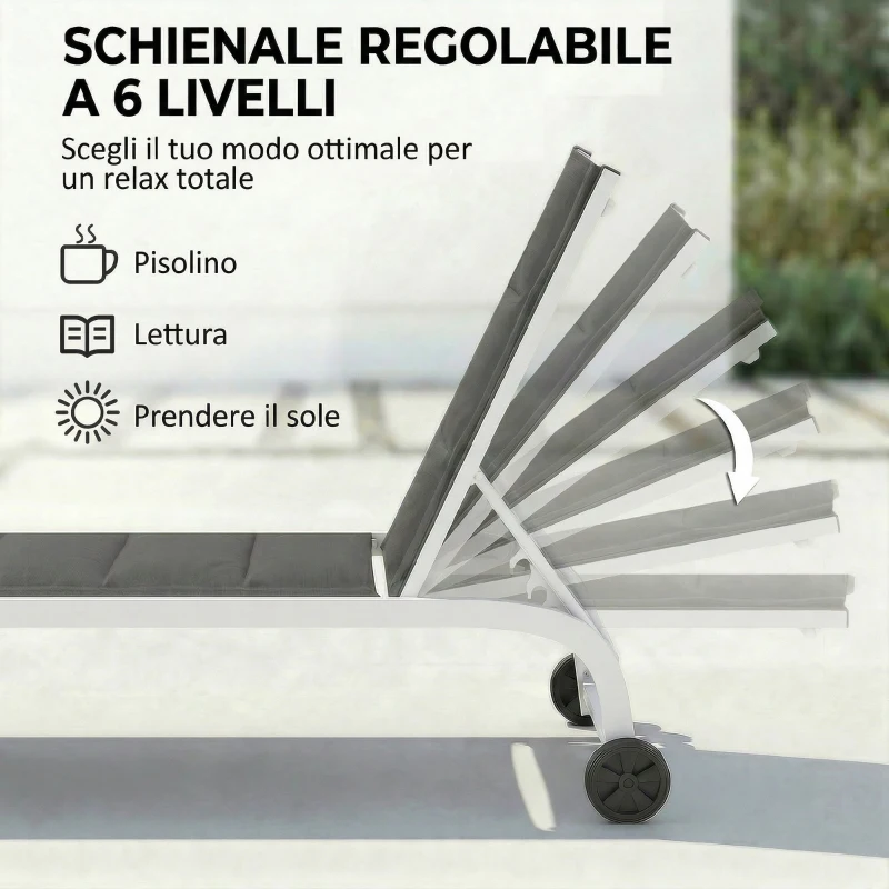 Outsunny Lettino Prendisole da Giardino con Ruote, in Texteline con Telaio in Alluminio, Grigio Scuro e Bianco