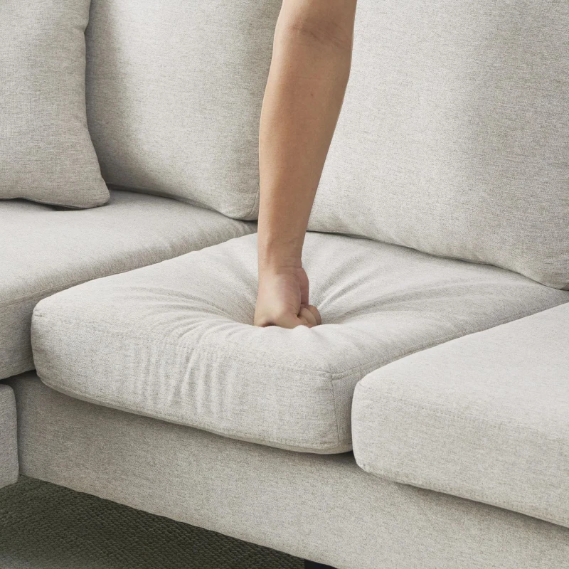 Divano angolare a forma di L con chaise longue, rivestimento in cotone-lino, cuscini inclusi, 166x118x77 cm, Grigio e bianco