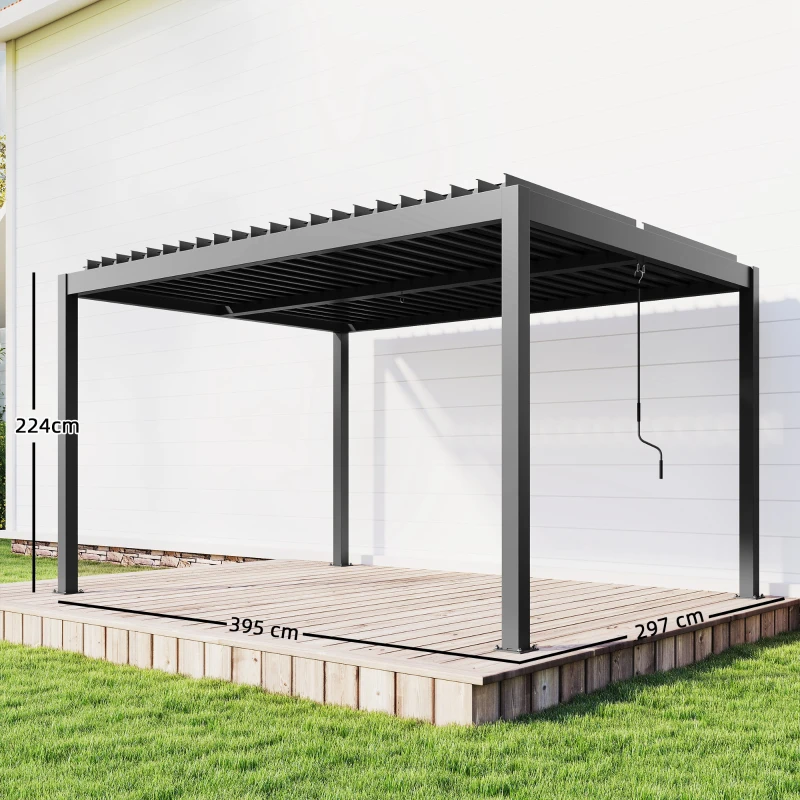 Outsunny Pergola bioclimatique 4x3m, pergola aluminium, lames orientables, manivelle, protection soleil, imperméable, gris foncé