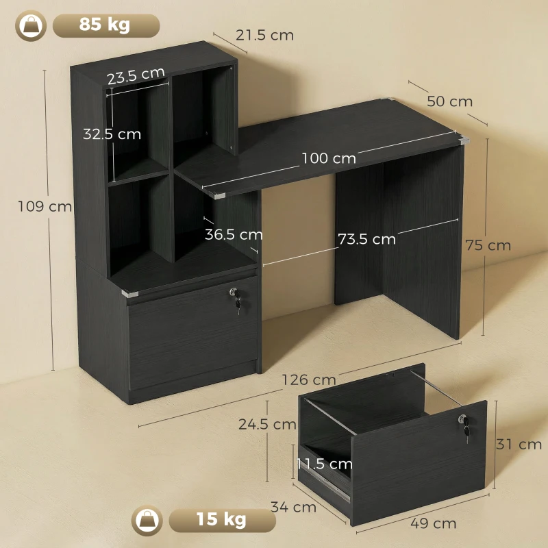 HOMCOM Birou pentru calculator cu bibliotecă 4 compartimente și sertar blocabil, 126 x 50 x 109 cm, negru
