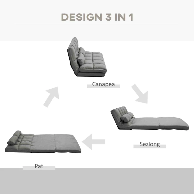 HOMCOM, Divan de Podea 2 în 1, cu Spătar Reglabil în 7 Niveluri și Perne, 130x73x60 cm, Gri Carbone