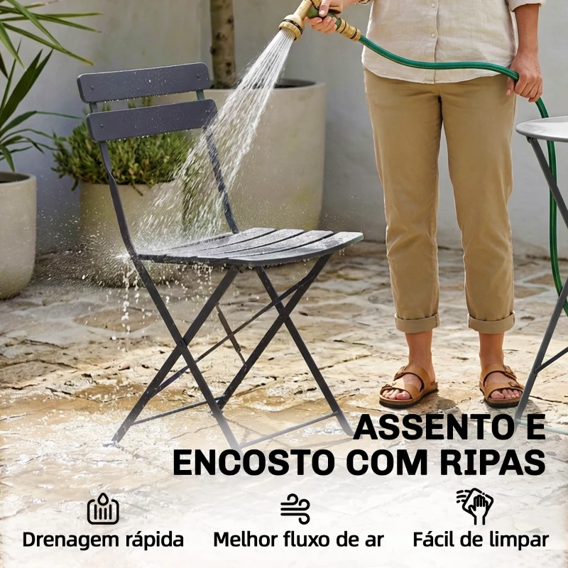 Outsunny Conjunto Bistrô de Jardim 3 peças Mesa e 2 Cadeiras Dobráveis em Ripas Dupla Proteção Antiferrugem Preto