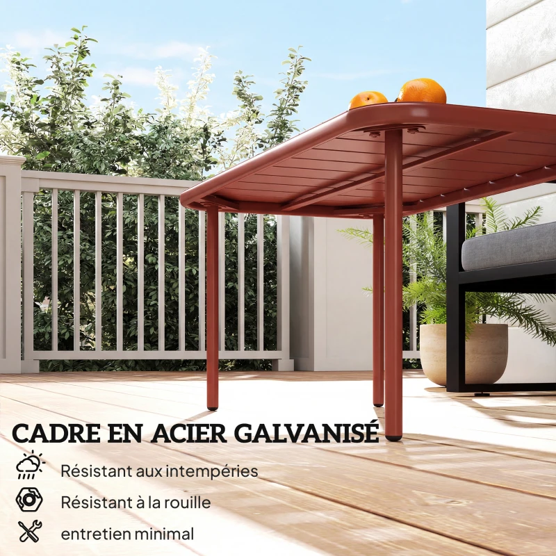 Outsunny Table Basse de Jardin en Acier Galvanisé, Plateau à Lattes, Table Rectangulaire aux Angles Arrondis, 90x50x43cm, Rouge