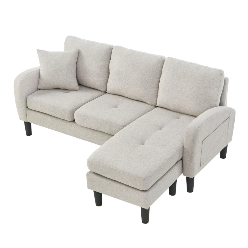 Divano angolare a forma di L con chaise longue, rivestimento in cotone-lino, cuscini inclusi, 166x118x77 cm, Grigio e bianco