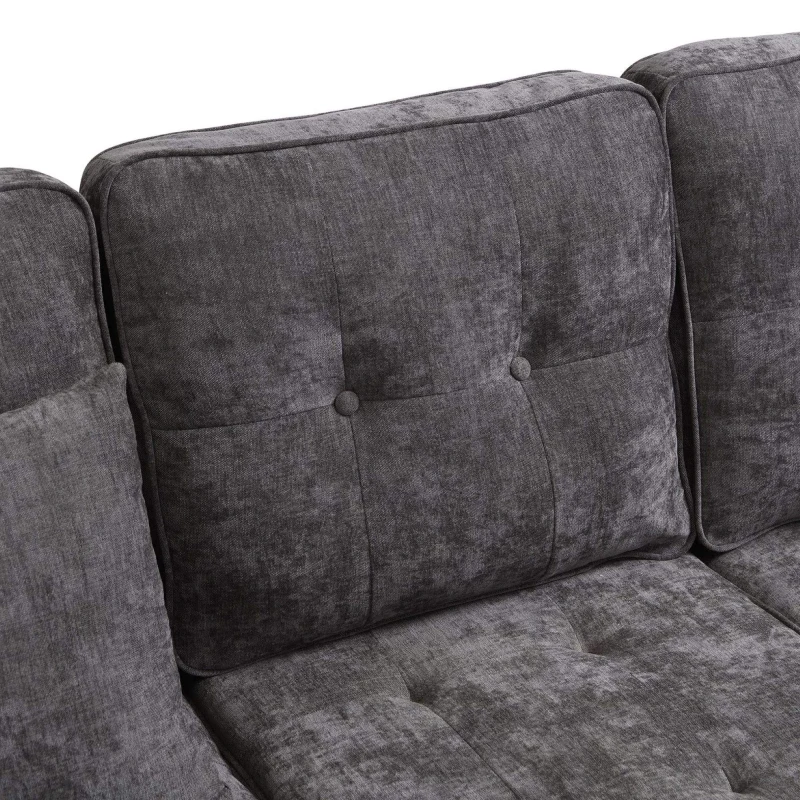 Divano angolare a L in chenille, pouf mobile, cuscini inclusi, 195x149x86 cm, Grigio