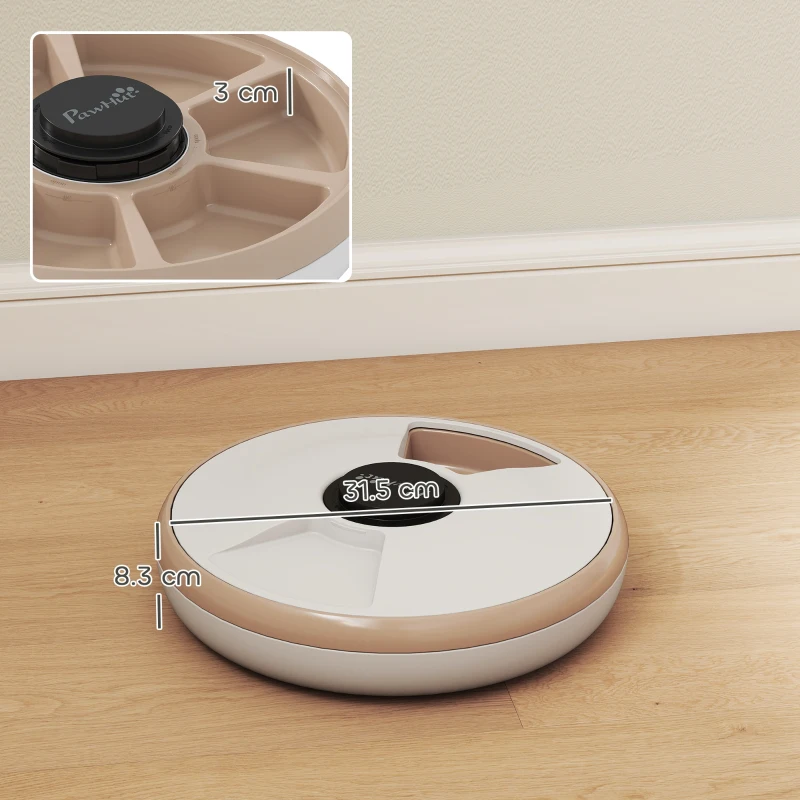 PawHut Dispenser de hrană pentru animale Dispenser automat 6 porții 31,5 x 31,5 x 8,3 cm alb