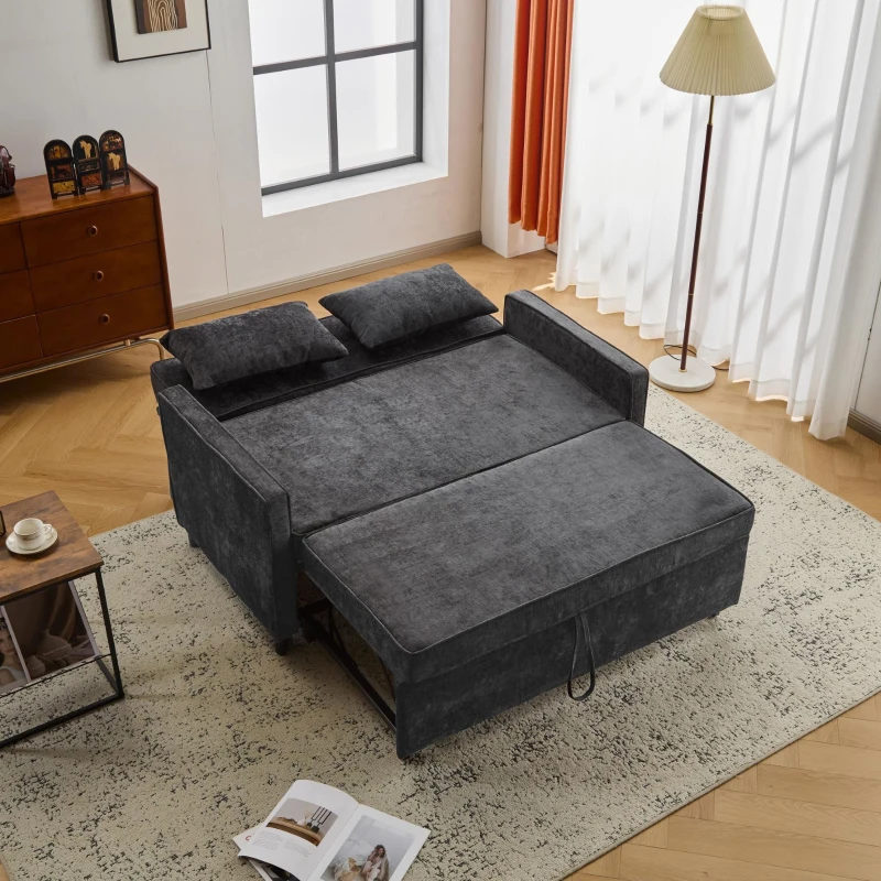 Divano letto a due posti con funzione letto, estraibile, schienale regolabile, rivestimento in chenille, 142x79x85 cm, Nero anticato