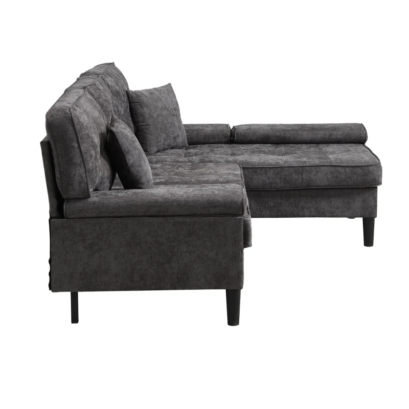 Divano angolare a L in chenille, pouf mobile, cuscini inclusi, 195x149x86 cm, Grigio