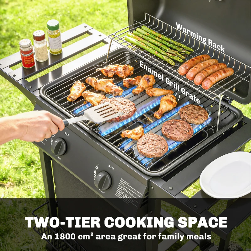 Outsunny Grill gazowy 5 kW, 2 palniki, BBQ Grill ze stali nierdzewnej z bocznymi stolikami, dolną półką, przednią osłoną i emaliowanym rusztem