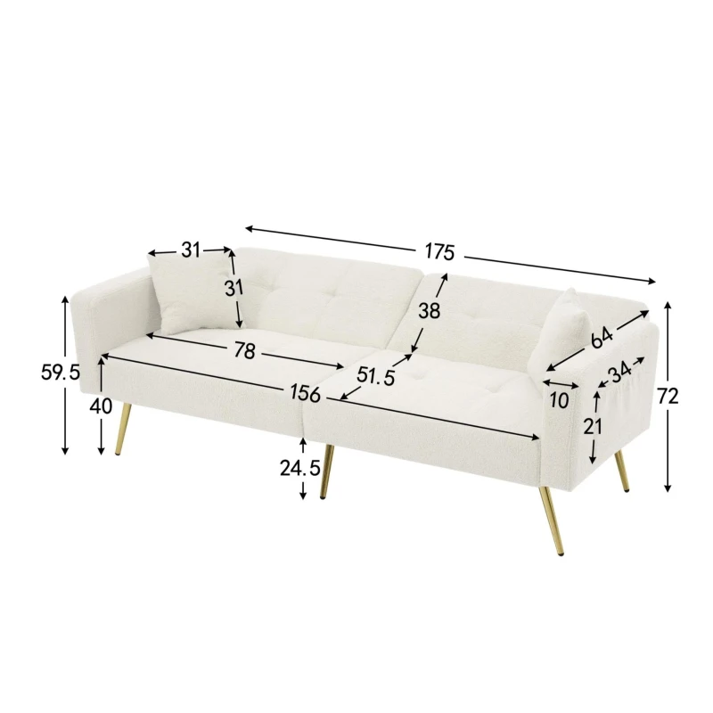 Divano letto con funzione letto, schienale regolabile, gambe dorate, rivestimento in sherpa, 175x64x72 cm, Bianco