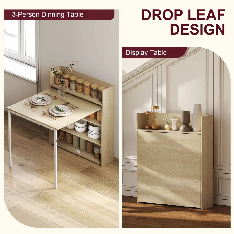 HOMCOM Kitchen Table, Folding Dining Table, with 4-Tier Shelves, Modern Drop-Leaf Table, Oak Wood Effect