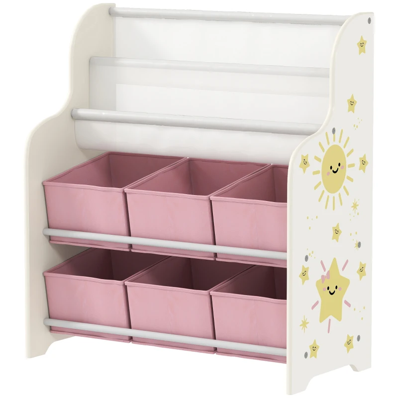 AIYAPLAY Kids Storage Unit, Toy Organiser with 6 Fabric Drawers and 2-Tier Sling Book Rack for Bedroom, Playroom, Nursery, Pink