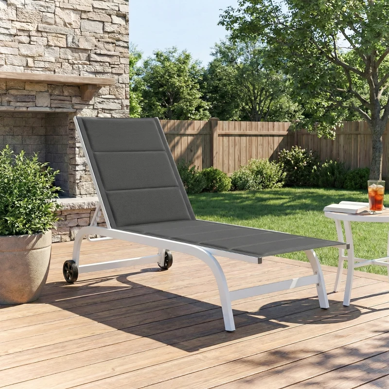 Outsunny Lettino Prendisole da Giardino con Ruote, in Texteline con Telaio in Alluminio, Grigio Scuro e Bianco