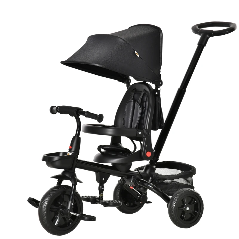 HOMCOM Triciclo Bebé 4 en 1 Bicicleta para Niños 1-5 Años con Asiento Giratorio Capota Ajustable Mango de Empuje Telescópico y Reposapiés Plegable Carga 25 kg 111,5x52x98 cm Negro