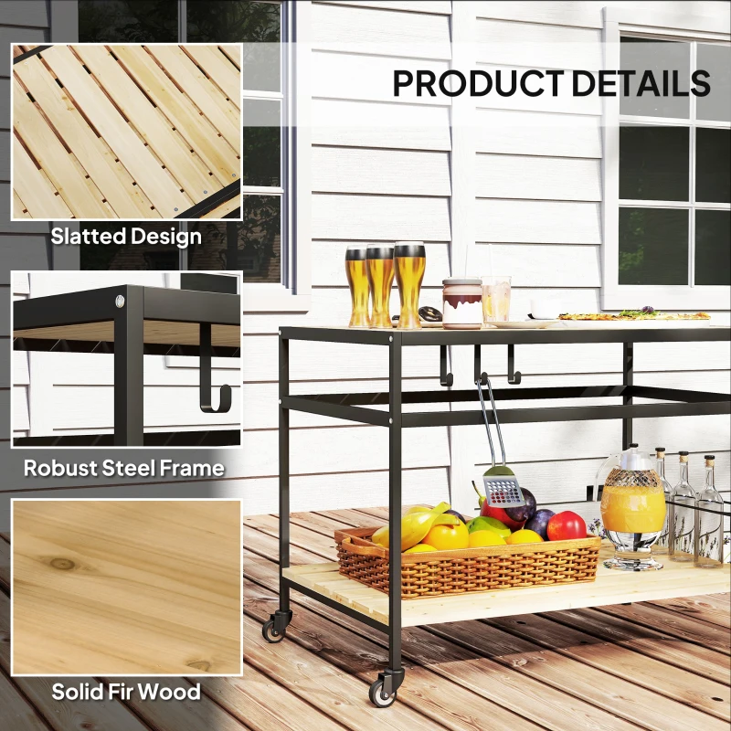 Outsunny Wózek Serwisowy w Designie Przemysłowym, Odporny na Warunki Atmosferyczne, 3 Haki, 1 Półka,107 cm x 65 cm x 80 cm, Czarny + Naturalny