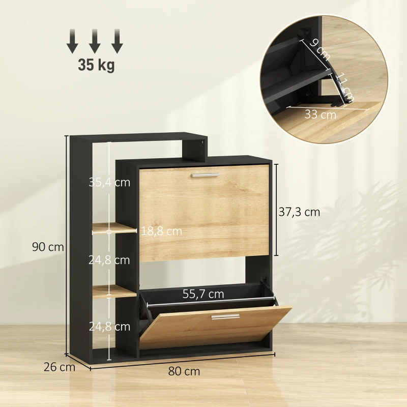 HOMCOM Mueble Zapatero: 2 Cajones Abatibles, Estantes, Negro y Madera Natural.