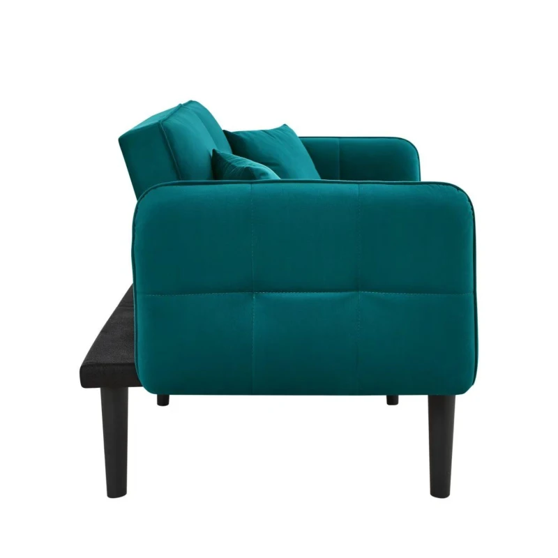 Divano-letto 2-in-1, schienali regolabili, rivestimento in velluto, gambe in legno, 176x78x76 cm, Blu-verde
