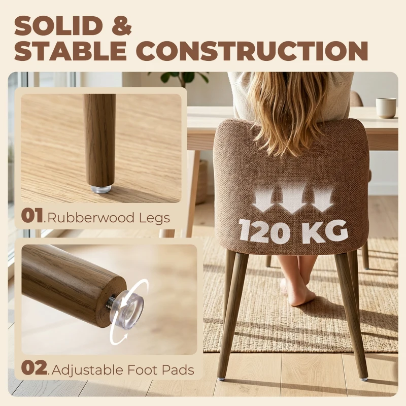 HOMCOM Dining Chairs Set of 2, Linen Upholstered Kitchen Chairs with Padded Seat, Curved Backrest, Rubberwood Legs, Brown