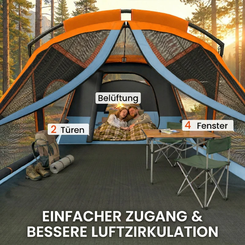 Outsunny Namiot tunelowy 4-osobowy namiot rodzinny z sypialnią i salonem okna dachowe folia podłogowa wysokość 3000 mm słupa wody