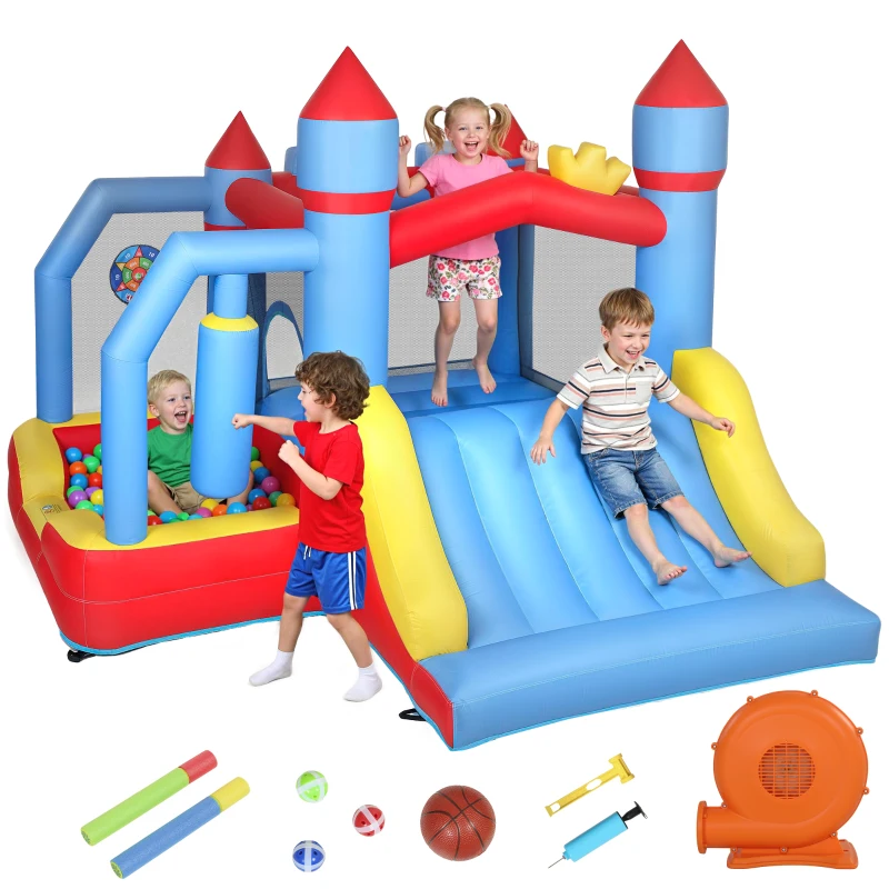 AIYAPLAY Castillo Hinchable para Niños con Soplador Tobogán Trampolín Piscina Pilar de Boxeo y Aro de Baloncesto 277x270x215 cm