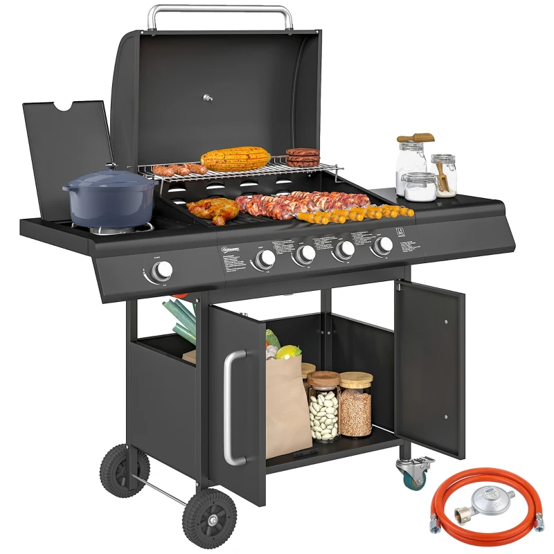 Grill gazowy 15,2 kW, 5 palników ze stali, kółka, boczny palnik