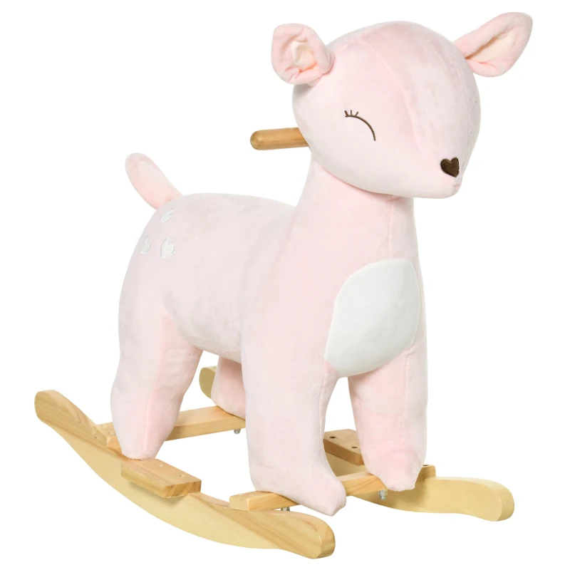 HOMCOM Cavallo a Dondolo per Bambini 36-72 Mesi, Gioco Cavalcabile per Bambini a Forma di Cervo con Suoni in Peluche Rosa, 68x35.5x64cm