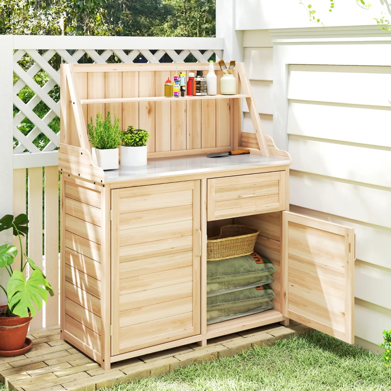 Outsunny Armoire de Jardin en Bois avec Plan de Travail en Métal Galvanisé Tiroir et Étagère 100x45x129,5cm Naturel