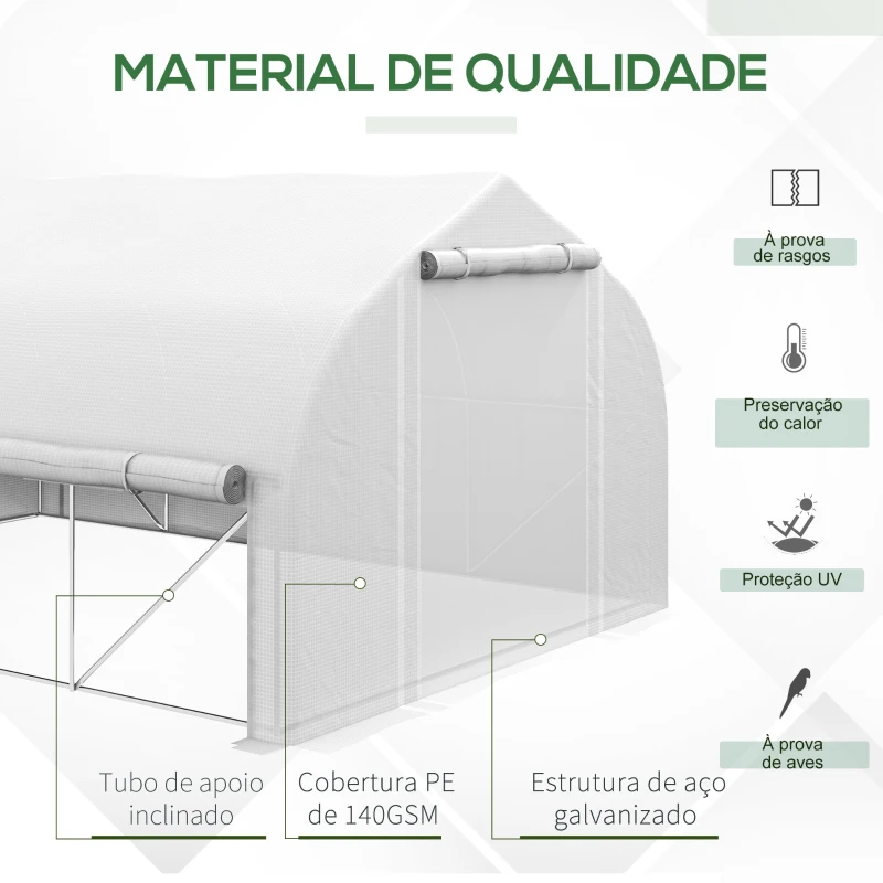 Outsunny Estufa Tipo Túnel 395x300x200 cm com Porta de Malha e 8 Janelas Estufa de Jardim com Cobertura de PE Branco