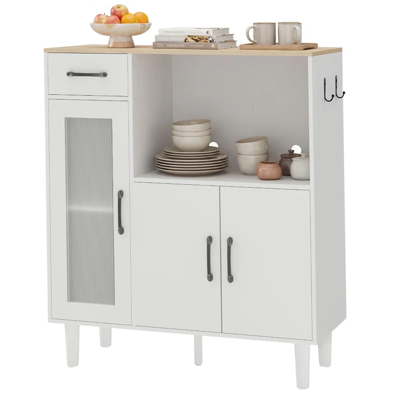 HOMCOM Sideboard Küchenschrank mit Schublade, 2 Schränken, Offenem Fach, geriffelter Acrylglastür 80 x 34 x 91 cm Weiß+Eiche