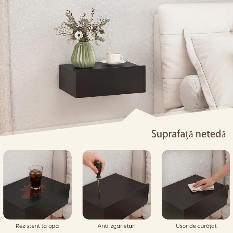 HOMCOM Set de 2 Noptiere Suspendate Moderne cu Sertar din Lemn, 40x30x15 cm, Negru