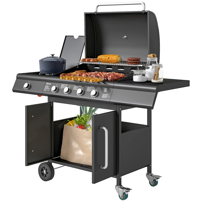Grill gazowy 15,2 kW, 5 palników ze stali, kółka, boczny palnik