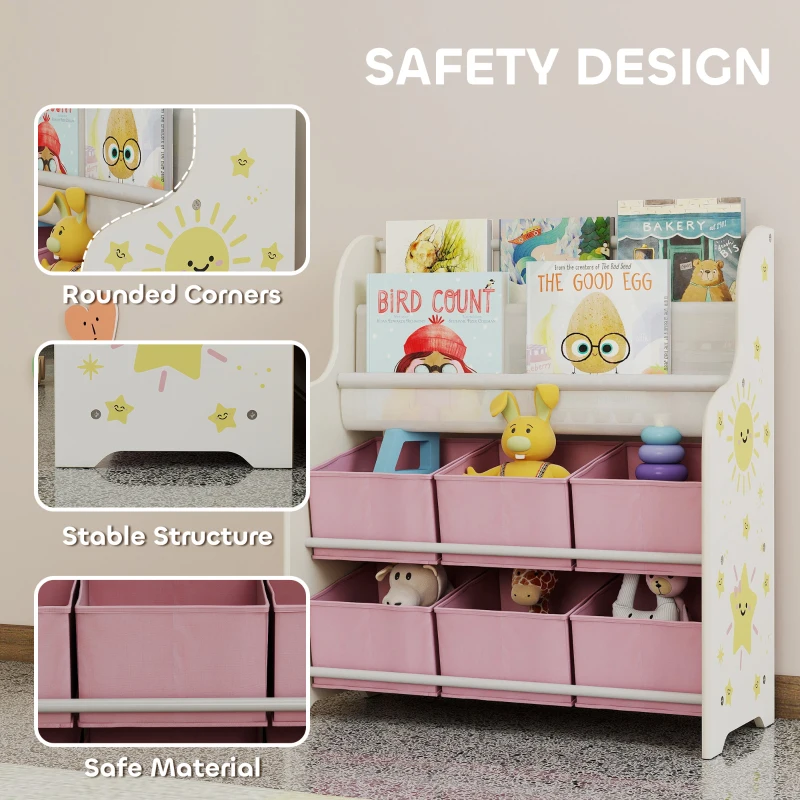 AIYAPLAY Kids Storage Unit, Toy Organiser with 6 Fabric Drawers and 2-Tier Sling Book Rack for Bedroom, Playroom, Nursery, Pink
