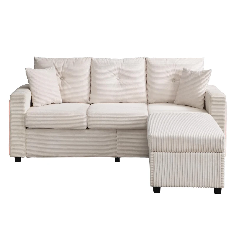 Divano a L con LED, rivestimento in velluto a coste, ottomana, 184x84,5x85,5 cm, Beige