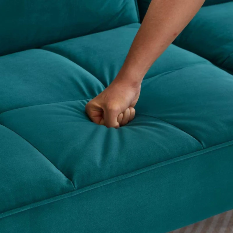 Divano-letto 2-in-1, schienali regolabili, rivestimento in velluto, gambe in legno, 176x78x76 cm, Blu-verde