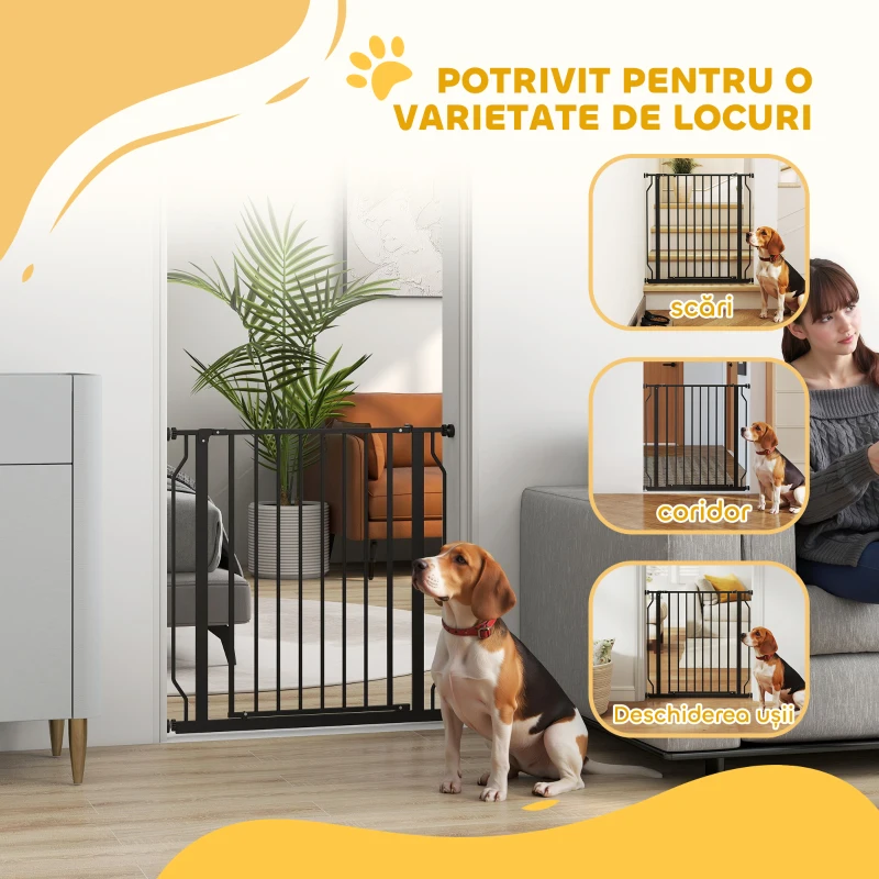 PawHut Poartă Extensibilă și Reglabilă pentru Câini, pentru Scări și Uși, din Oțel și ABS, 75-85x76 cm, Neagră