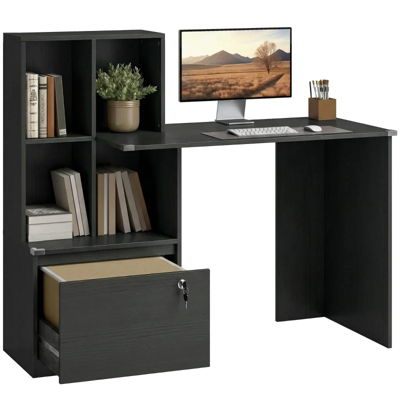 HOMCOM Schreibtisch mit Regal 4 Fächer und abschließbarer Schublade, 126 x 50 x 109 cm, schwarz