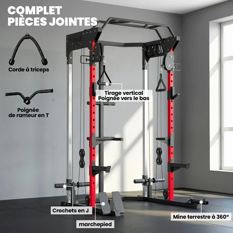 SPORTNOW Station de Musculation Power Rack 900kg Double Poulie Réglable 19 Niveaux Home Gym Complet pour Entraînement Force Noir