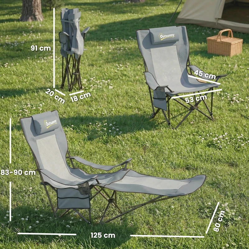 Outsunny Lot de 2 Chaises de Camping Pliante Inclinable 4 Positions, Repose-Pieds Amovible, Porte-Gobelet, 165x80x90cm, Gris
