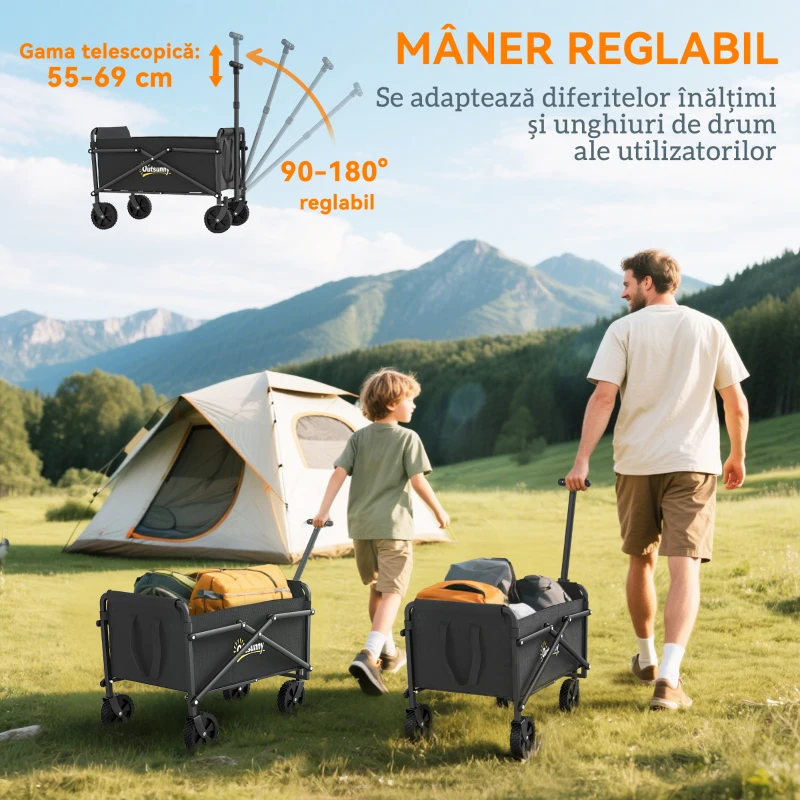 Outsunny Cărucior de Grădină Pliabil 41L cu 4 Roți, Trolley de Camping din Metal și Material Textil Oxford cu Geantă de Transport și Mâner Reglabil, Negru