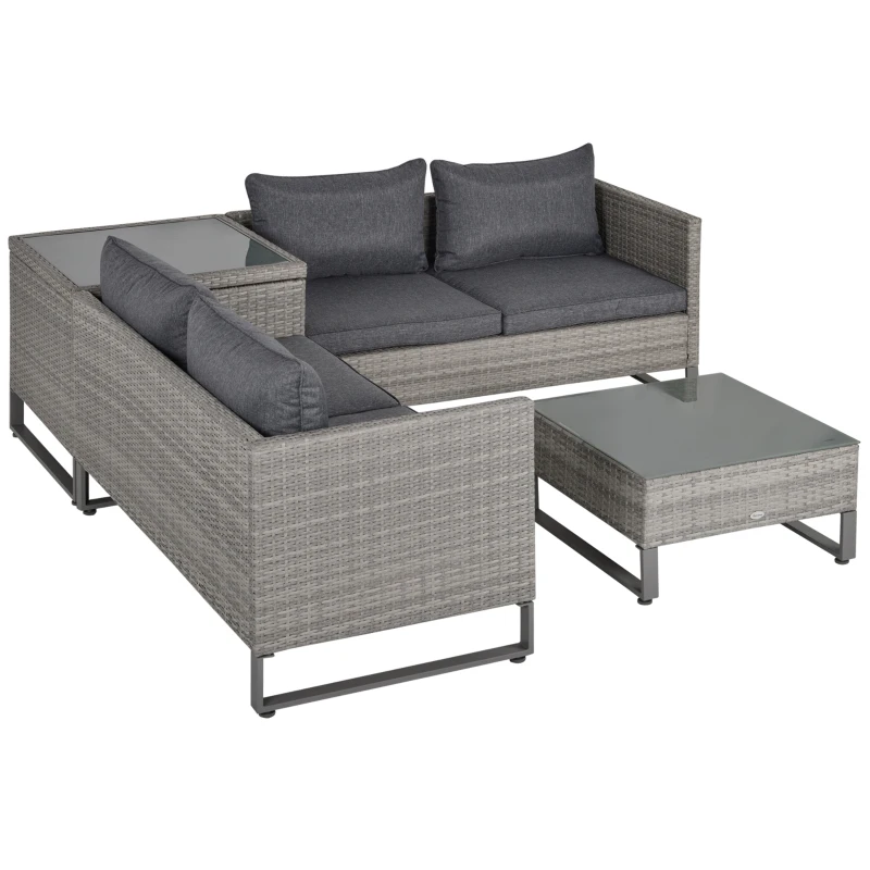 Outsunny 4 Pieces Rattan Garden Furniture Set, 4 Seater Garden Sofa Set with Storage Box, Loveseats and Glass Top Table, Wicker Outdoor Conservatory Furniture with Cushions for Outdoor, Patio, Grey