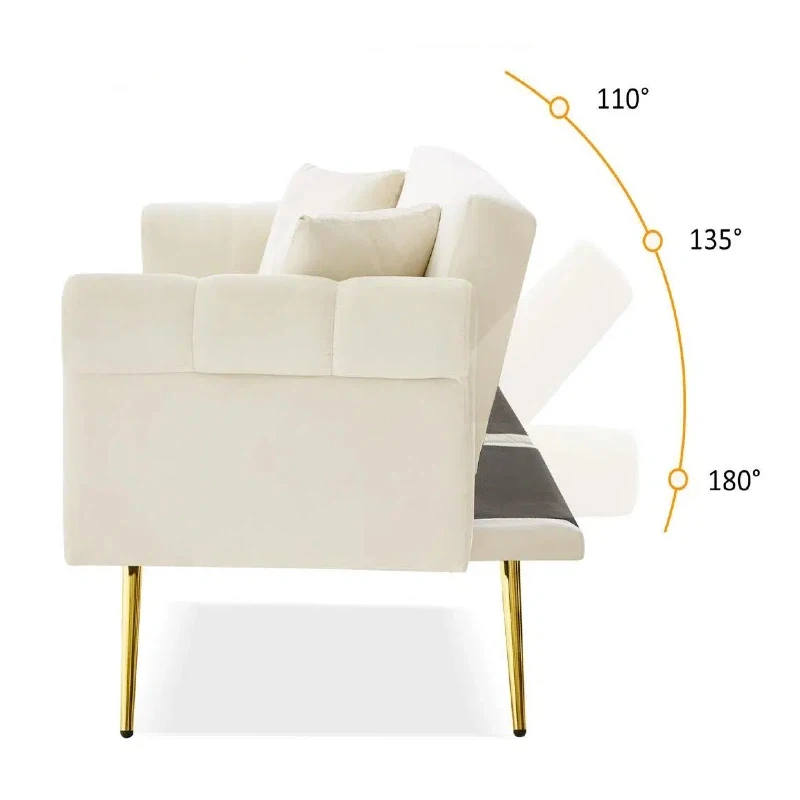 Divano letto 2 posti, rivestimento in velluto, piedi dorati, 173x75x70 cm, Beige