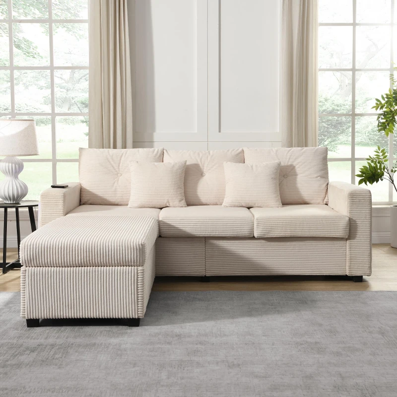 Divano a L con LED, rivestimento in velluto a coste, ottomana, 184x84,5x85,5 cm, Beige