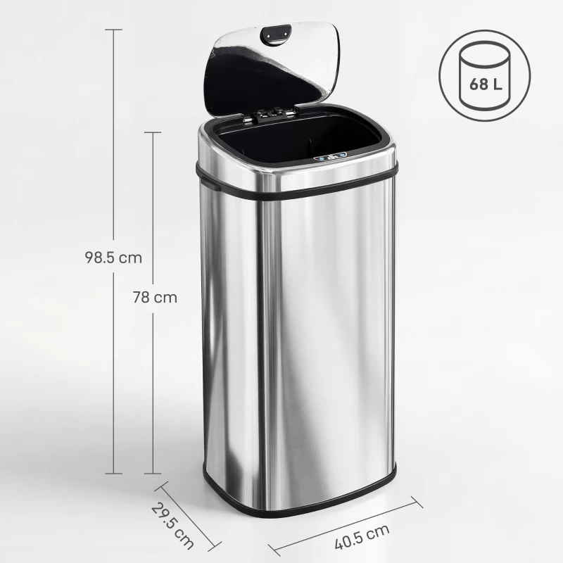 HOMCOM Kitchen Bin, 68L Stainless Steel Sensor Bin, Automatic Recycling Bins for Kitchen, Silver